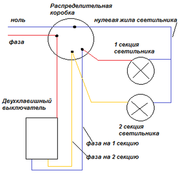 Как подключить двухклавишный выключатель света к двум лампочкам схема .